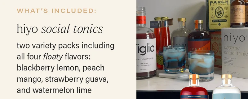 WHATS INCLUDED - hiyo social tonics two: variety packs including all four floaty flavors: blackberry lemon, peach mango, strawberry guava, and watermelon lime...