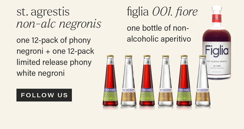 ... st. agrestis non-alc negronis: one 12-pack of phony negroni + one 12-pack limited release phony white negroni; figlia 001. fiore: one bottle of non-alcoholic aperitivo. [FOLLOW US] (link).