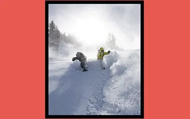 The Patagonia Snow Tour. Multiple images of people snowboarding and hanging out in the mountains.