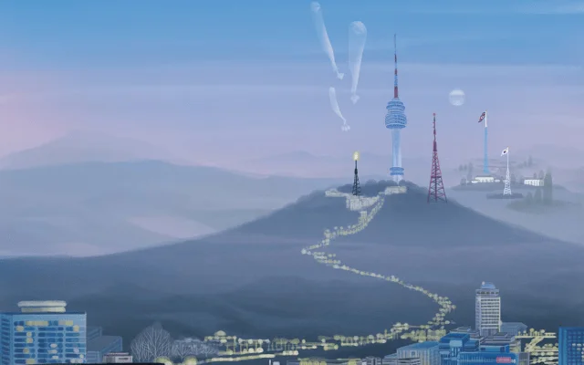 Illustration of South Korean activists lofting huge makeshift balloons filled with subversive materials and hygiene products into North Korean airspace in hopes of reaching people living in the most shuttered society on Earth.