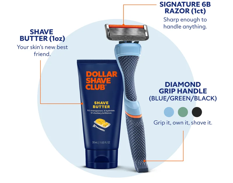 The Signature 6B Razor (1ct) Sharp enough to handle anything. Diamond Grip Handle (Blue/Green/Black) Grip it, own it, shave it. Shave Butter (1oz) Your skin’s new best friend.