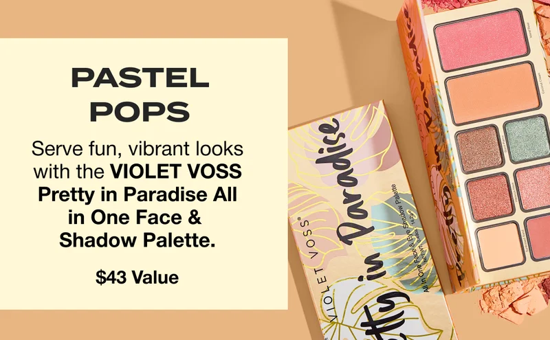PASTEL POPS. Serve fun, vibrant looks with the VIOLET VOSS Pretty in Paradise All in One Face & Shadow Palette. $43 Value