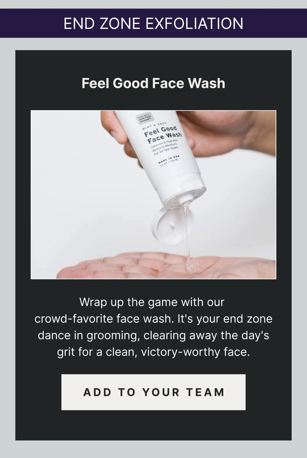 End Zone Exfoliation:  Feel Good Face Wash  Wrap up the game with our crowd-favorite face wash. It's your end zone dance in grooming, clearing away the day's grit for a clean, victory-worthy face. [ ADD TO YOUR TEAM ]