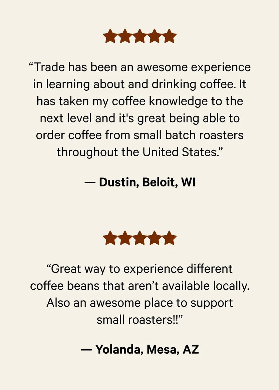 Bust Out Your Favorite Mug BODY COPY Your first coffee was just delivered. Not to get all corny, but we’re really excited. Our roasters, all 55+ of them, are the most passionate and talented people on the planet and every bag you try supports them directly. CTA Our Roasters