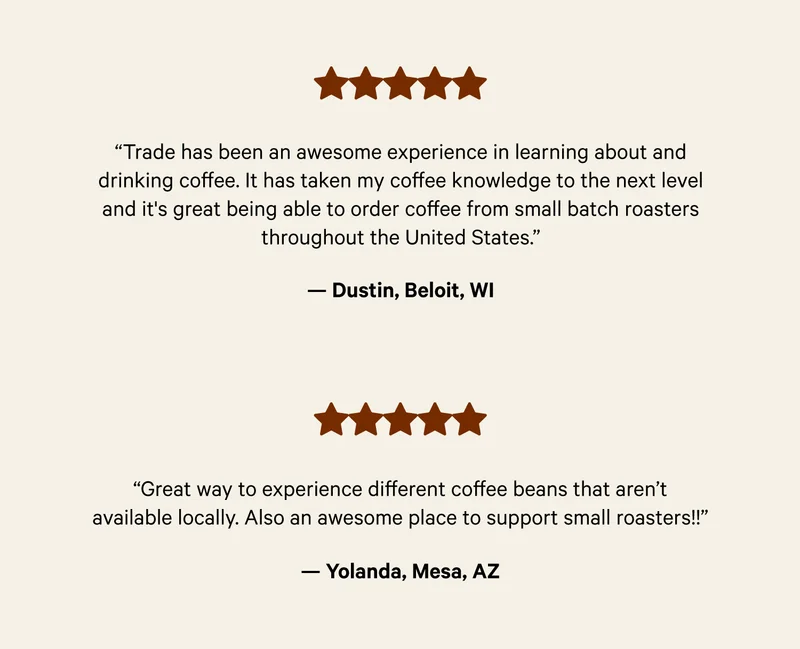 Bust Out Your Favorite Mug  BODY COPY Your first coffee was just delivered.  Not to get all corny, but we’re really excited. Our roasters, all 55+ of them, are the most passionate and talented people on the planet and every bag you try supports them directly.   CTA Our Roasters
