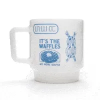 Ace Hotel's milk glass mugs, including a 'Waffles' themed design, revealed in a revolving presentation.