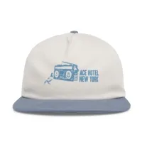 A range of stylish headwear from Ace Hotel, highlighted with a rotating white cap embroidered with 'Good Noise Nightly'.