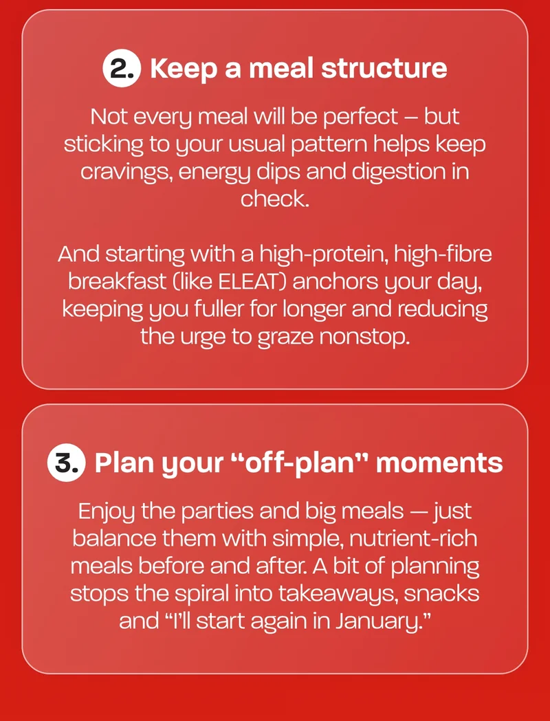 **2. Keep a meal structure**  **Not every meal will be perfect – but sticking to your usual pattern helps keep cravings, energy dips and digestion in check.**  **And starting with a high-protein, high-fibre breakfast (like ELEAT) anchors your day, keeping you fuller for longer and reducing the urge to graze nonstop.**  **3. Plan your “off-plan” moments**  **Enjoy the parties and big meals — just balance them with simple, nutrient-rich meals before and after. A bit of planning stops the spiral into takeaways, snacks and “I’ll start again in January.”**