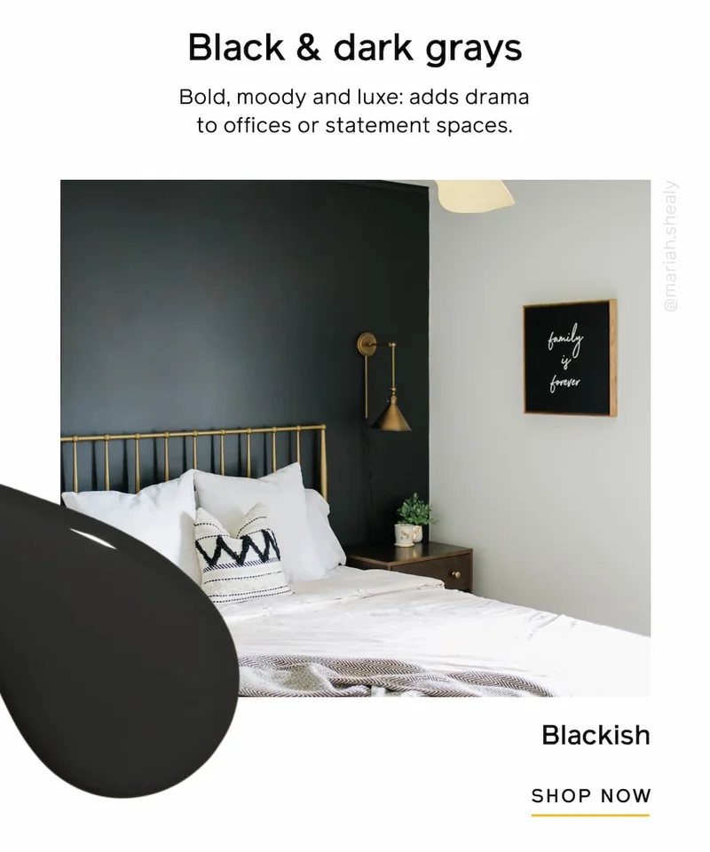 Black & dark grays. Bold, moody and luxe: adds drama to offices or statement spaces. Blackish SHOP NOW