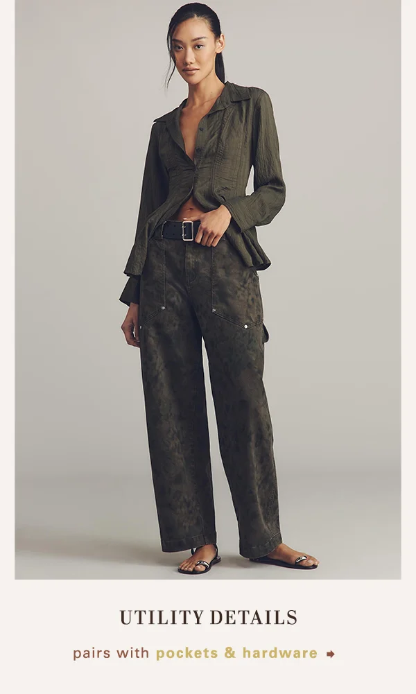 Utility details. Pairs with pockets & hardware.