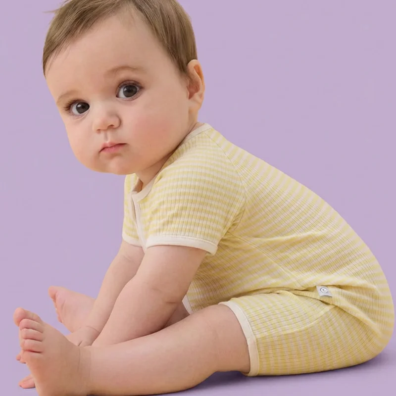 Yellow Stripe Ribbed Summer Baby Pajamas