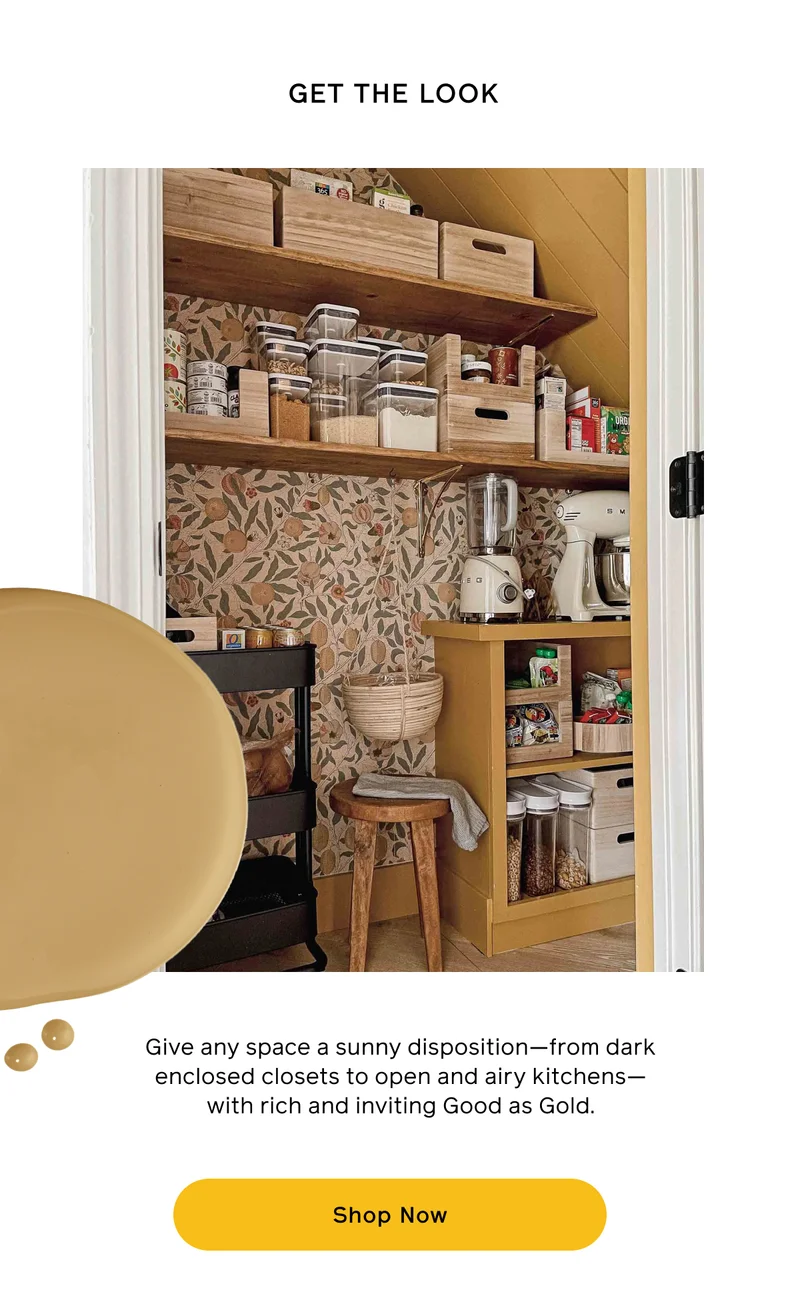 GET THE LOOK. Give any space a sunny disposition—from dark enclosed closets to open and airy kitchens—with rich and inviting Good As Gold. Shop Now