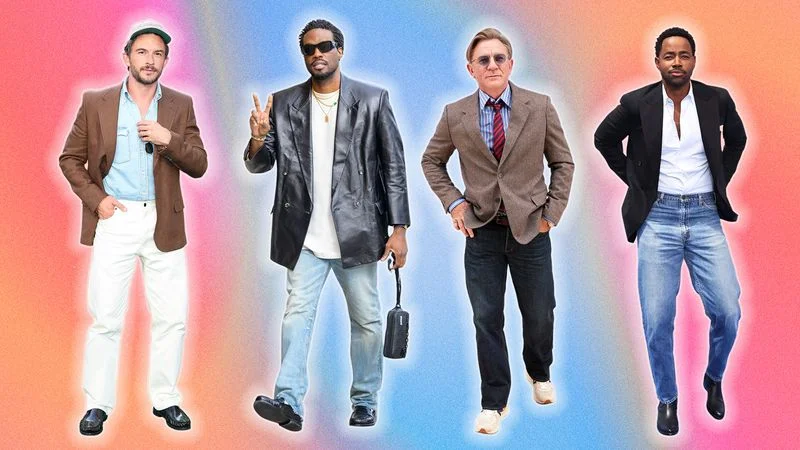 Daniel Craig, Yahya Abdul-Mateen II, Jonathan Bailey, and Jay Ellis wearing a blazer and jeans on a bright gradient background.