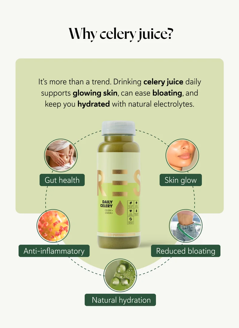 Why celery juice? It’s more than a trend. Drinking celery juice daily supports glowing skin, can ease bloating, and keep you hydrated with natural electrolytes.
