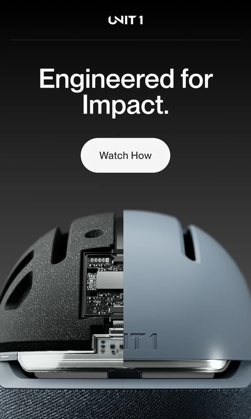 UNIT 1 helmet split in half to reveal smart technology and protective layers