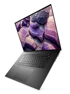 A Dell laptop computer suspended in midair.