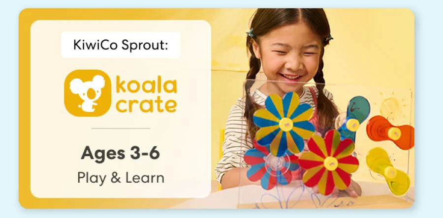 Young child smiling while working on creative KiwiCo Sprout projects, perfect for ages 3–5 for play and learn.