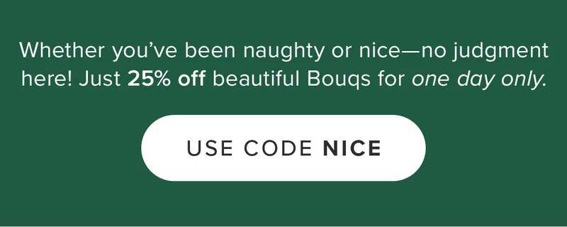 Whether you've been naughty or nice -- no judgement here! Just 25% off beautiful Bouqs for one day only.
