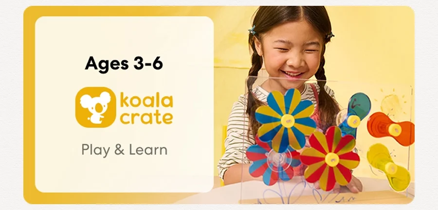 Young child smiling while working on creative KiwiCo Sprout projects, perfect for ages 3–6 for play and learn.