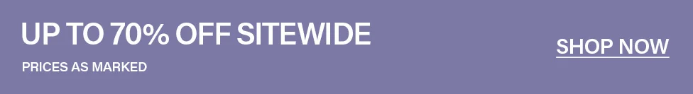 Purple banner displaying "UP TO 70% OFF SITEWIDE" sale, with "PRICES AS MARKED" and an underlined "SHOP NOW" button to access discounts.