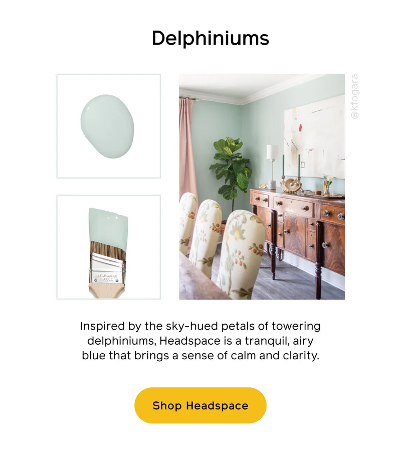 Delphiniums. Inspired by the sky-hued petals of towering delphiniums, Headspace is a tranquil, airy blue that brings a sense of calm and clarity. Shop Headspace
