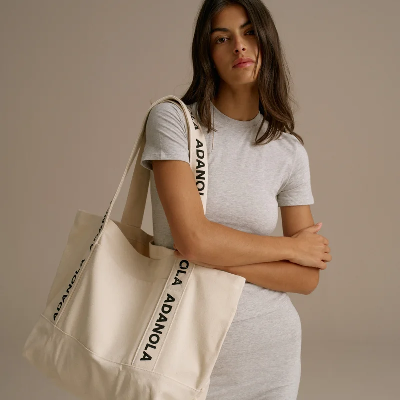 Branded Strap Tote Bag - Cream/Black