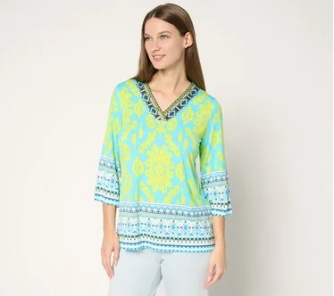 Belle by Kim Gravel Rayon Spandex Aloha Awaits V Neck Trim Top