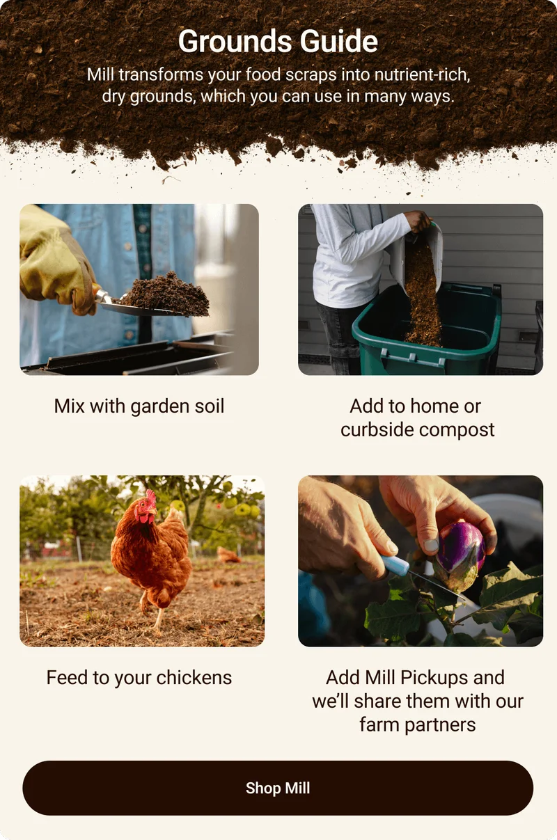 Grounds Guide: Mill transforms your food scraps into nutrient-rich dry grounds, which you can use in many ways. Mix with garden soil. Add to home or curbside compost.Feed to your chickens. Add Mill Pickups and we'll share them with our farm partners. Click to shop Mill.