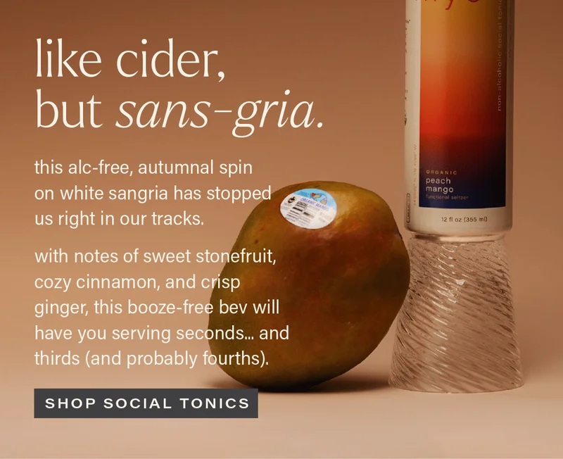 LIKE CIDER, BUT SANS-GRIA. this alc-free, autumnal spin on white sangria has stopped us right in our tracks. with notes of sweet stonefruit, cozy cinnamon, and crisp ginger, this booze-free bev will have you serving seconds... and thirds (and probably fourths). [SHOP SOCIAL TONICS]