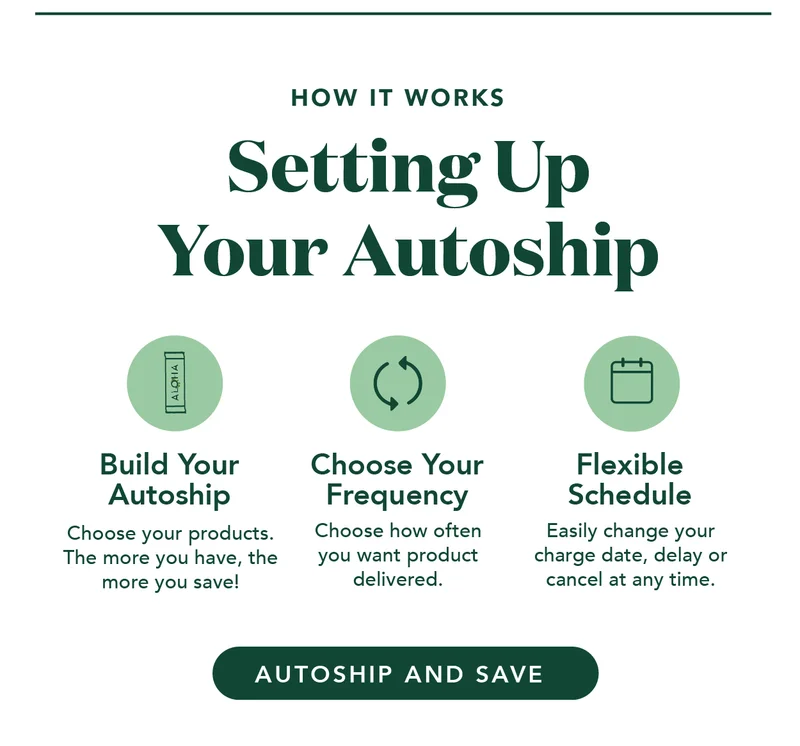 All you have to do is build your autoship and select your frequency! If something comes up, you can easily delay, cancel, edit, or change your charge date at any time.