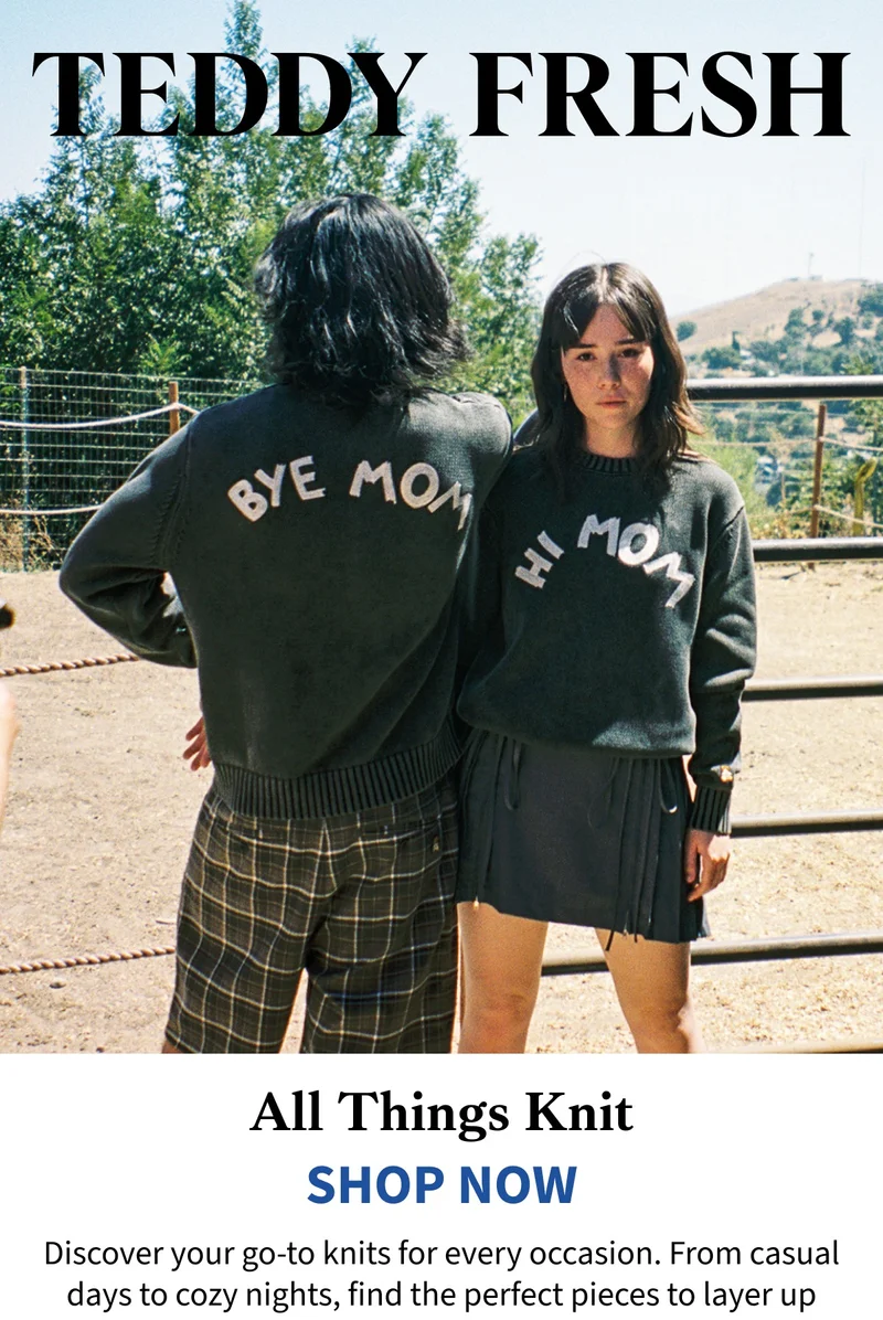 Models wearing our Hi Mom Washed sweater which has "Hi Mom" on the front, and "Bye Mom" on the back.