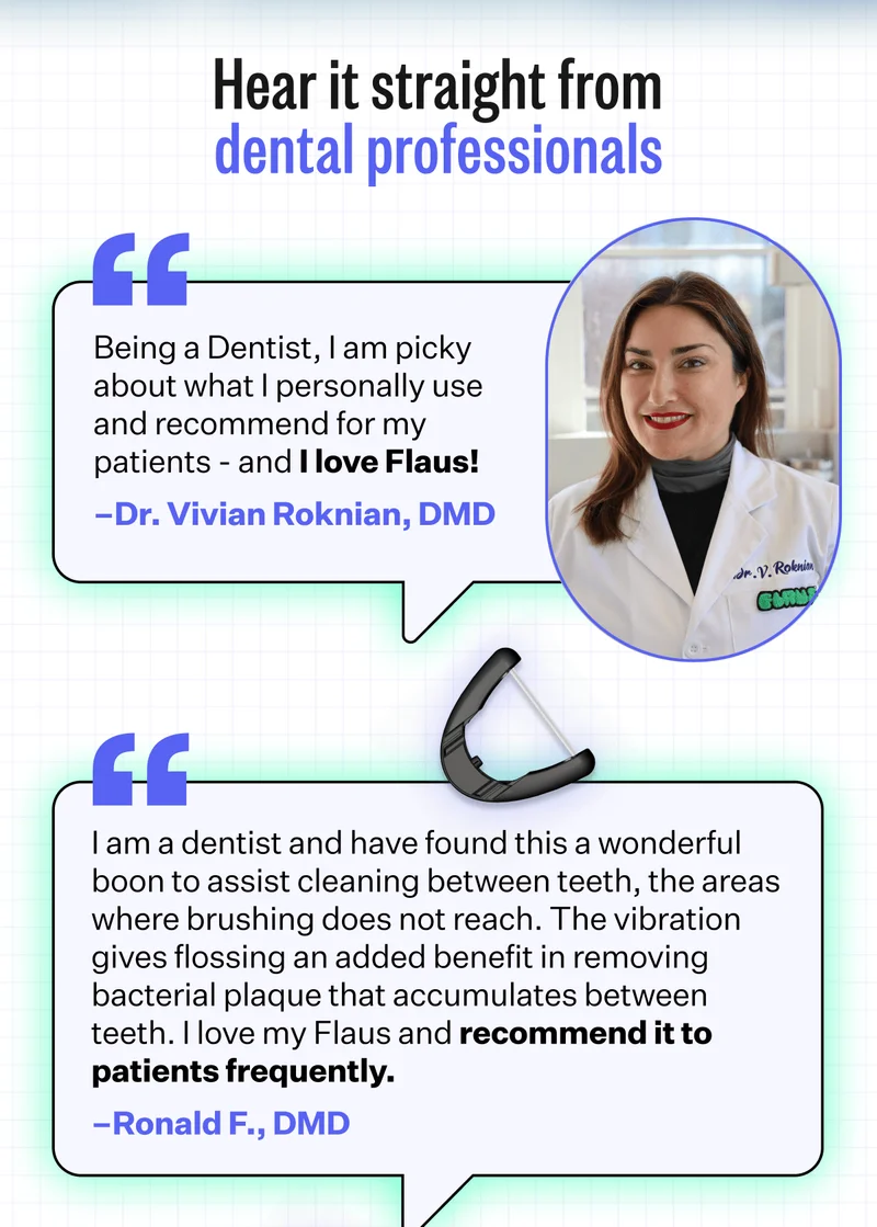 Hear it straight from dental professionals | "Being a Dentist, I am picky about what I personally use and recommend for my patients - and I love Flaus! - Dr. Vivian Roknian, DMD | "I am a dentist and have found this a wonderful boon to assist cleaning between teeth, the areas where brushing does not reach. The vibration gives flossing an added benefit in removing bacterial plaque that accumulates between teeth. I love my Flaus and recommend it to patients frequently. - Ronald F., DMD