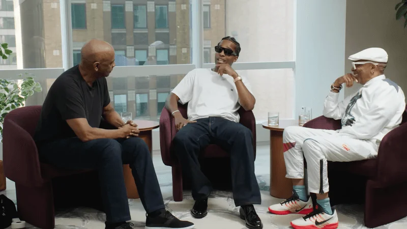 Image may contain: A$AP Rocky, Spike Lee, Ryan Frazier, Conversation, Person, Sitting, Adult, Interview, and Head