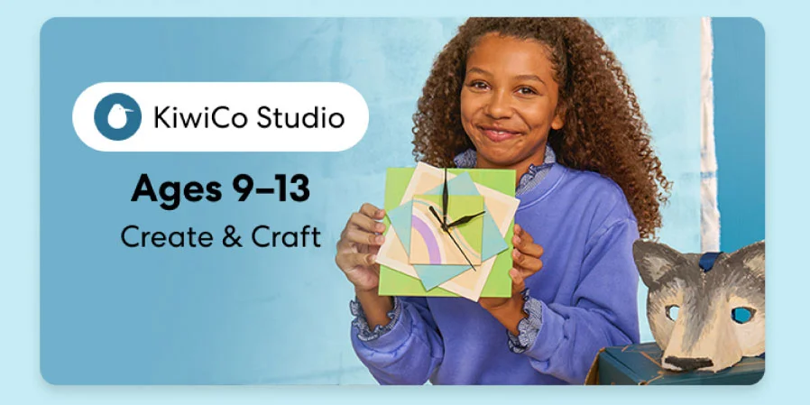 Smiling teen holding a colorful KiwiCo art and design project. Inspires creativity for ages 9–13