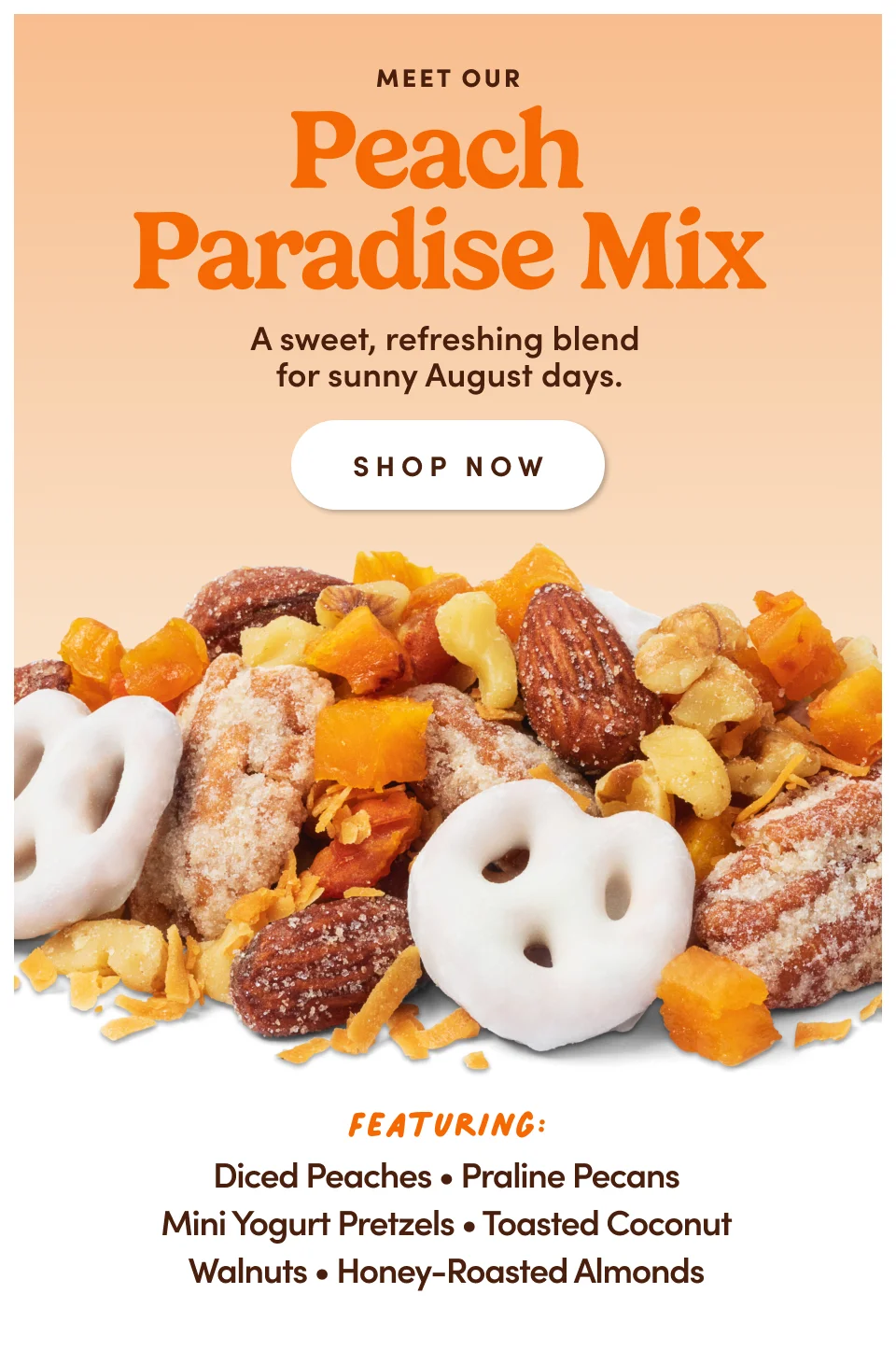 Meet our Peach Paradise Mix. A sweet, refreshing blend for sunny August days; Shop now – Featuring: Diced Peaches, Praline Pecans, Mini Yogurt Pretzels, Toasted Coconut Walnuts, Honey-Roasted Almonds