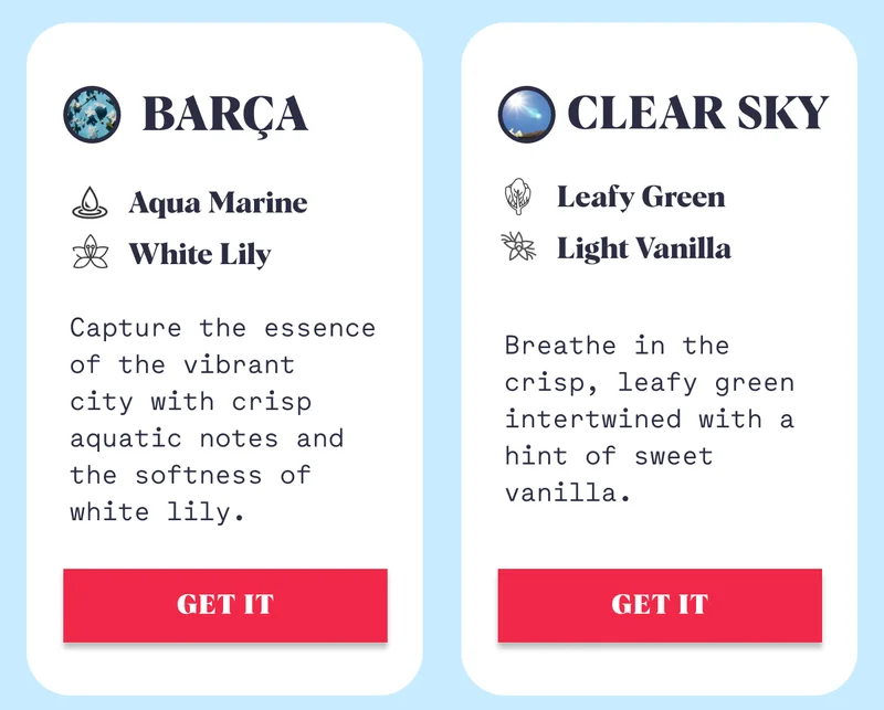 BARÇA Clear Sky Aqua Marine White Lily Leafy Green Light Vanilla Capture the essence of the vibrant  city with crisp aquatic notes and the softness of white lily. Breathe in the crisp, leafy green intertwined with a hint of sweet vanilla. GET IT GET IT