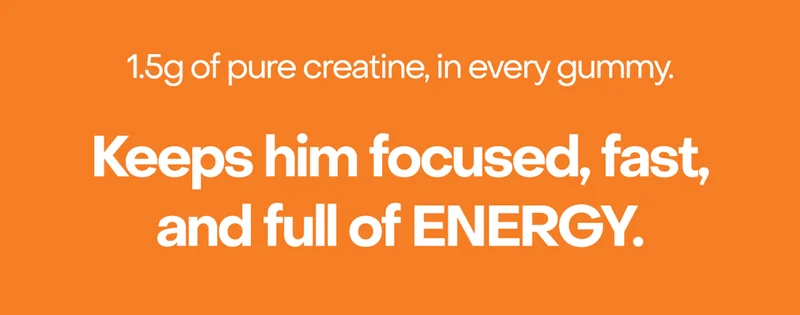1.5g of pure Creatine, in every gummy. Keeps him focused, fast, and full of ENERGY.