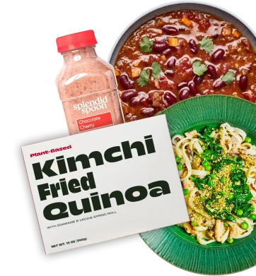 A box of Kimchi Fried Quinoa, a bottle of Chocolate Cherry Smoothie, and several plated bowls of noodles and soup