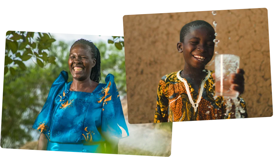 Photo 1: A woman in Uganda smiles. Photo 2: A boy in Mali holds a glass while clean water is poured into it.