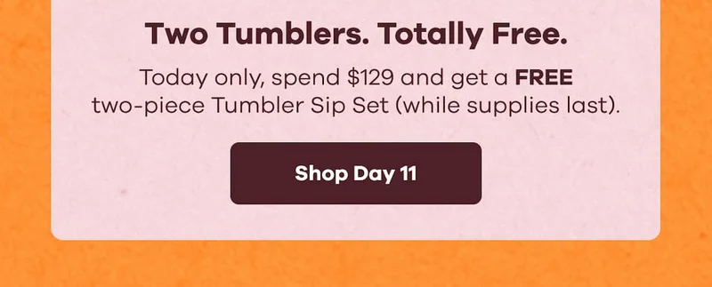 Two Tumblers. Totally Free. Today only, spend $129 and get a FREE two-piece Tumbler Sip Set (while supplies last). | Shop Day 11