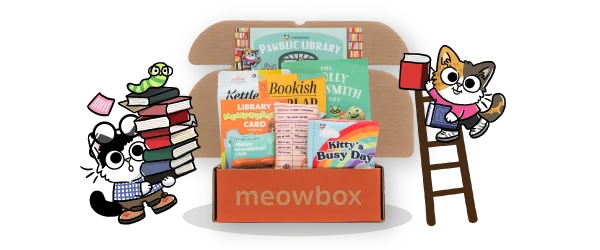 Image of the Pawblic Library meowbox (featuring toys like the Bookish Burlap Scratcher, The Woolly Wormsmith, The Playpurrback Book and more)