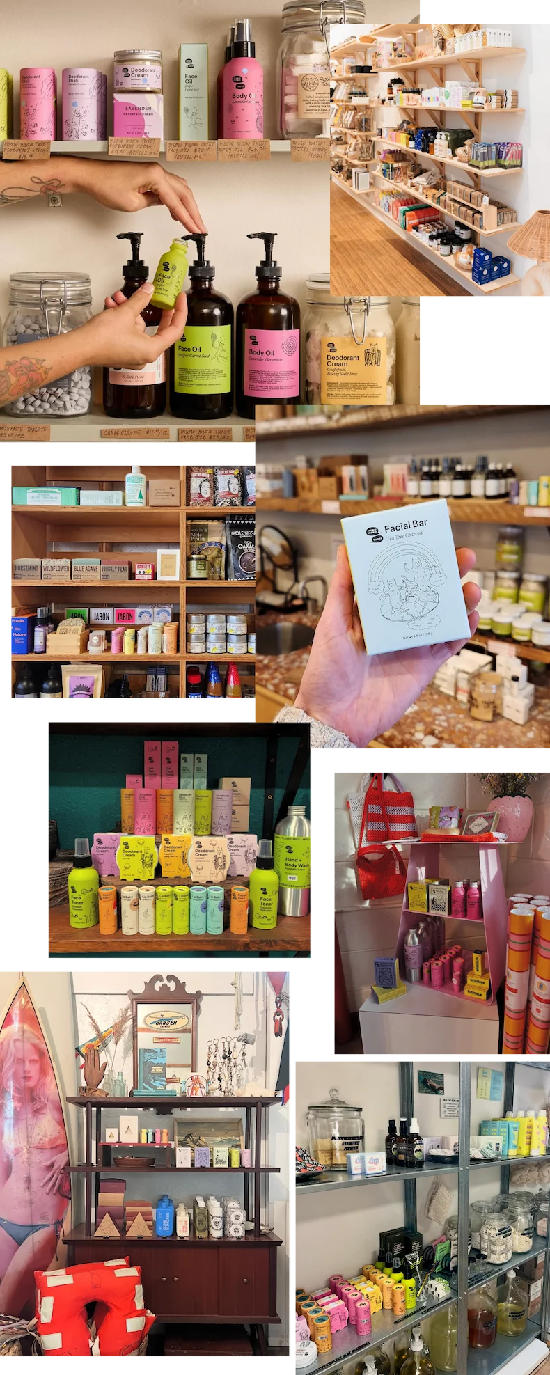 A collage with views from many stores and their shelves