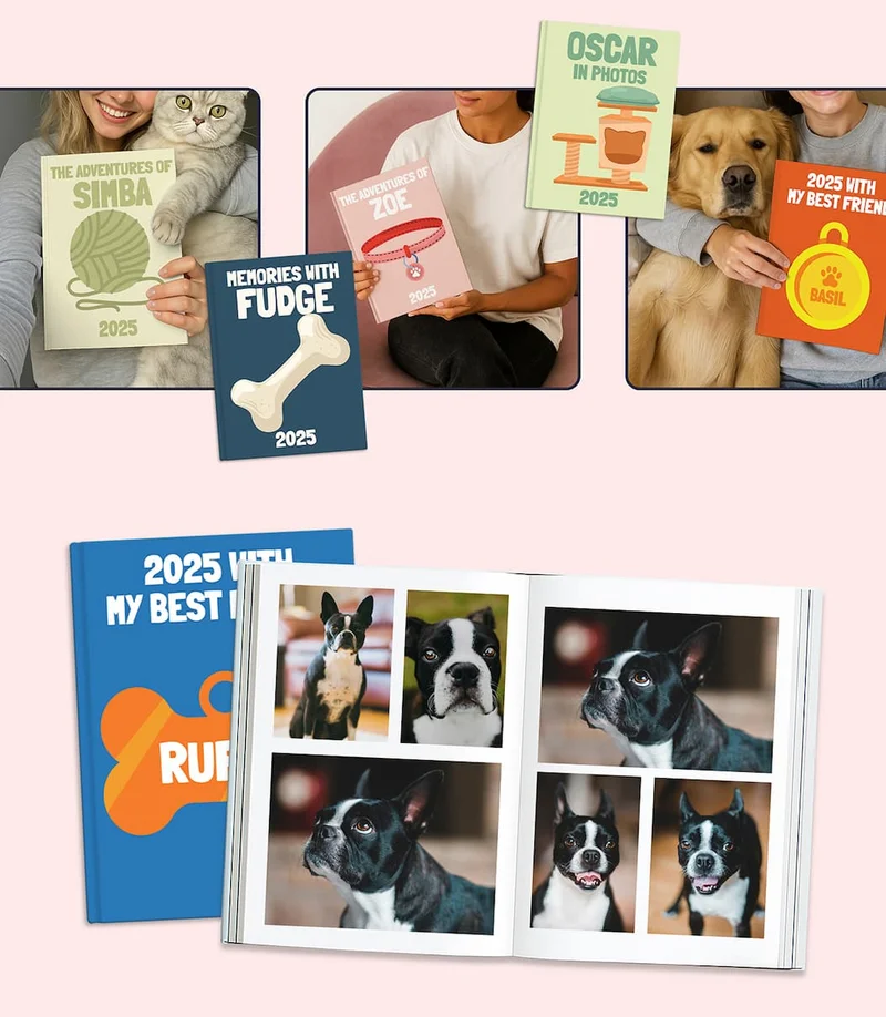 Mock ups and customer photos of customers and their personlized pet photo books