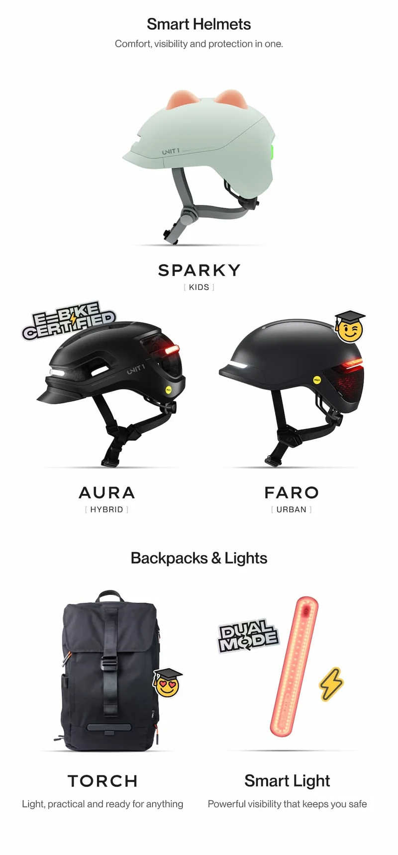Urban commuter wearing UNIT 1 smart helmet and TORCH backpack while riding through the city.