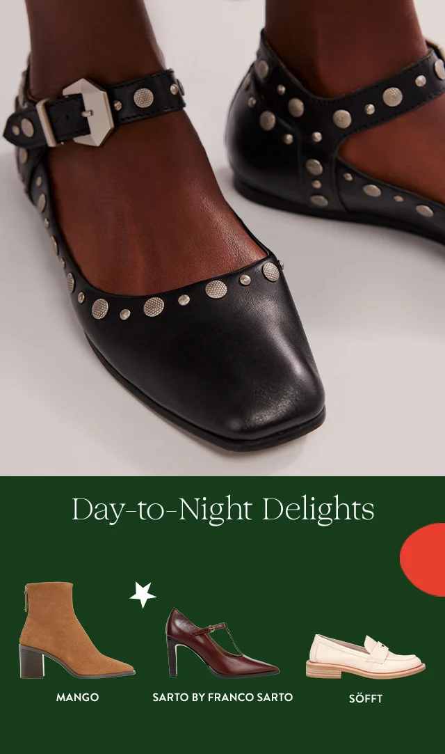 A woman wearing black mary janes with silver studs. A brown boot, white loafer and brown pump.