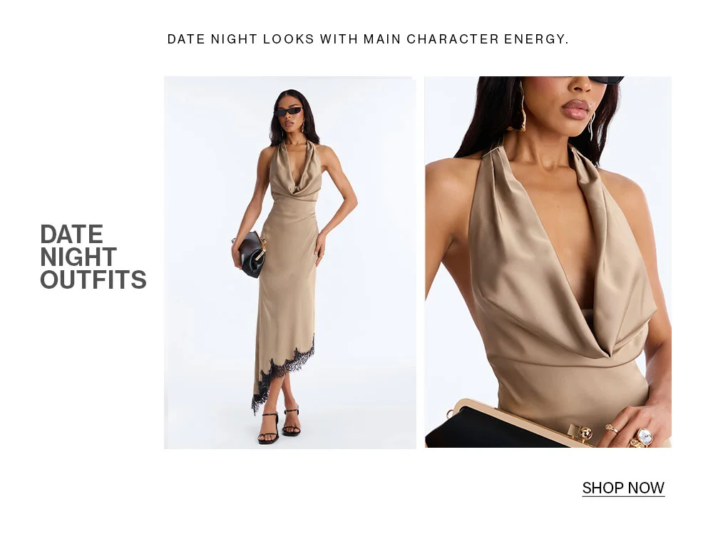 Model in elegant beige satin cowl neck halter dress with black lace trim. Chic date night outfit for main character energy.