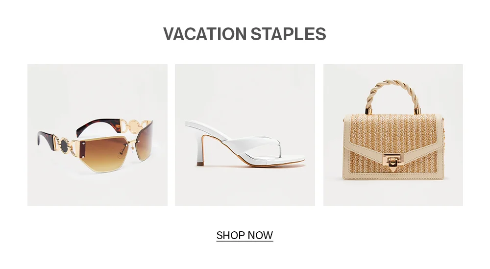 Shop vacation staples: trendy sunglasses, white thong heels, and a chic straw handbag.