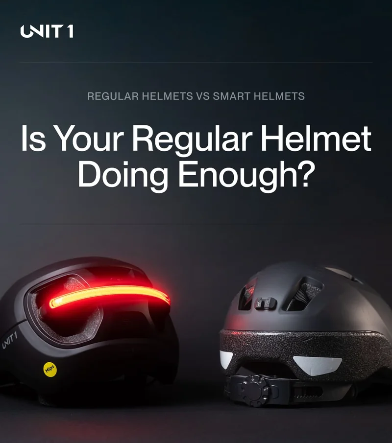 Side-by-side comparison of a UNIT 1 smart helmet with red rear light on and a regular helmet with no lights.