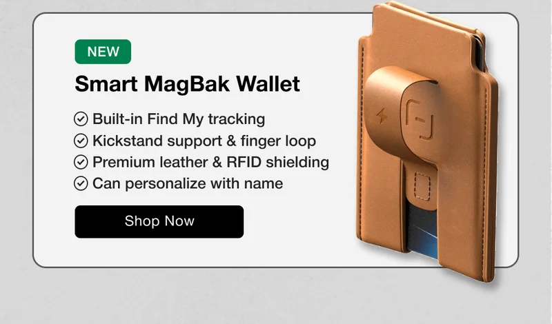 NEW Smart MagBak Wallet Built-in Find My tracking Kickstand support & finger loop Premium leather & RFID shielding Can personalize with name