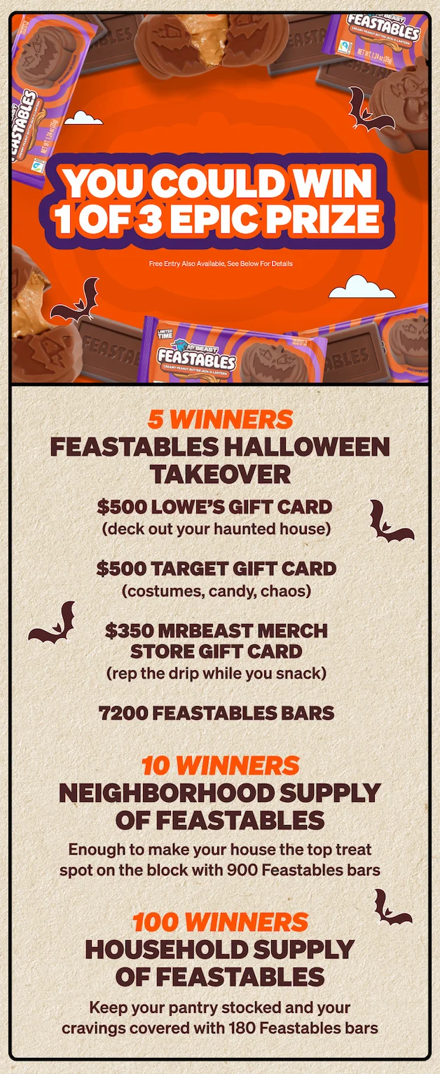 YOU COULD WIN ONE OF THREE EPIC PRIZES: 5 winners – Feastables Halloween Takeover which includes: $500 Lowe’s gift card (deck out your haunted house), $500 Target gift card (costumes, candy, chaos), and $350 MrBeast Merch Store gift card (rep the drip while you snack). 10 winners – Neighborhood Supply of Feastables which includes enough to make your house the top treat spot on the block. 100 winners – Household Supply of Feastables which  will keep your pantry stocked and your cravings covered. Free entry also available, see full rules.